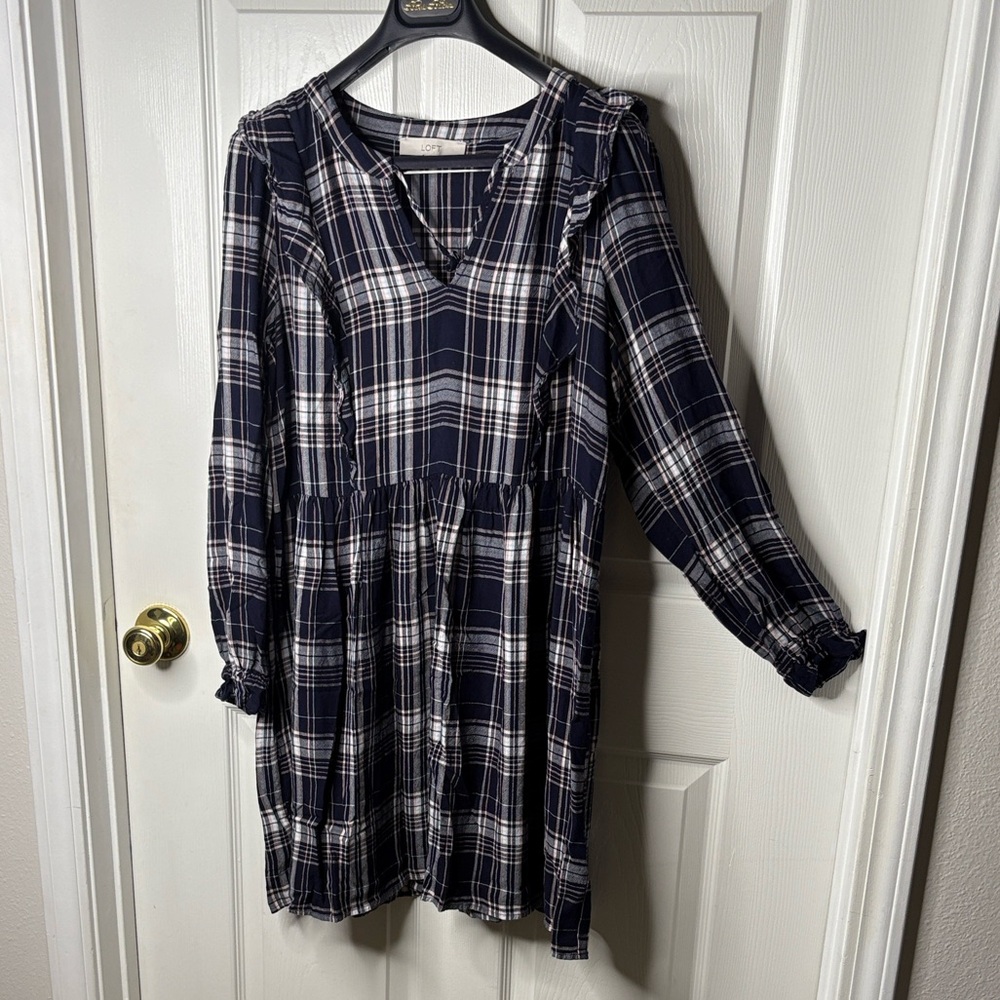 Loft Plaid Ruffle Swing Dress Long Sleeve Tunic Dress in Navy and White Size L